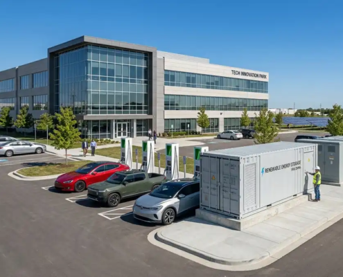 A turnkey 1MW battery energy storage system for fast charging deployed at a commercial EV charging station.