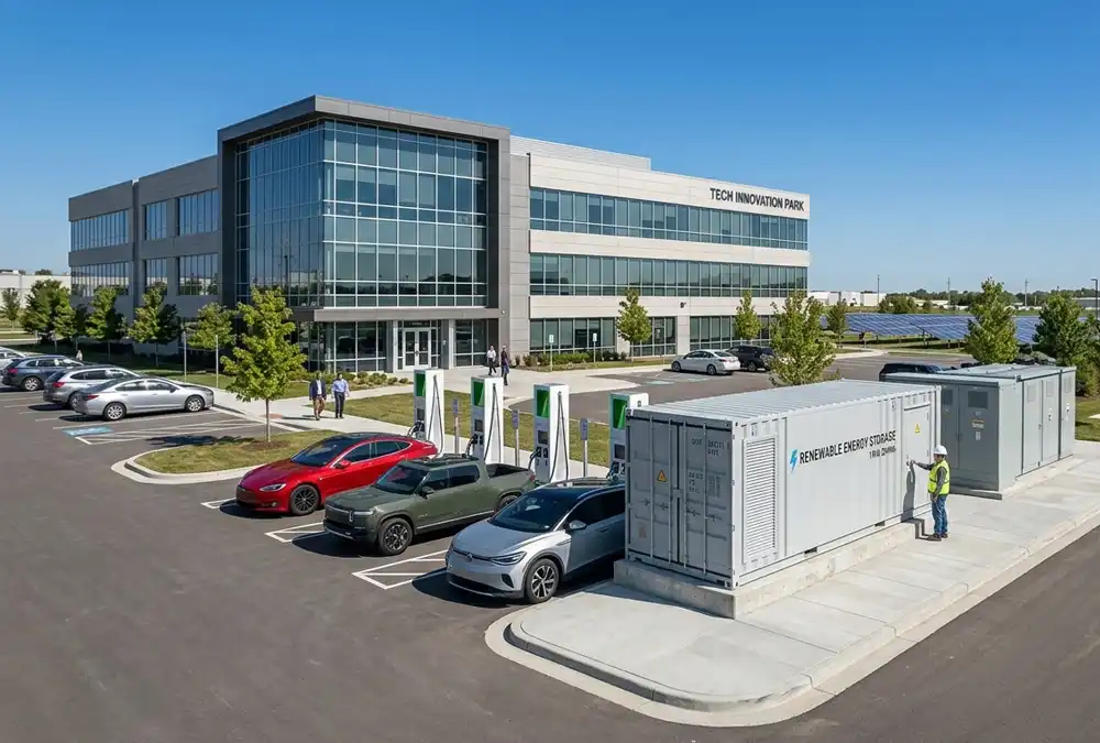 A turnkey 1MW battery energy storage system for fast charging deployed at a commercial EV charging station.
