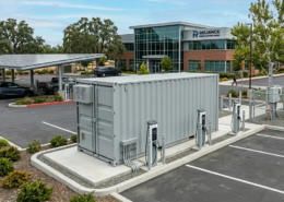 A turnkey 1MW battery storage system for EV charging stations installed at a commercial distribution site to provide peak shaving.