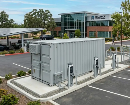 A turnkey 1MW battery storage system for EV charging stations installed at a commercial distribution site to provide peak shaving.