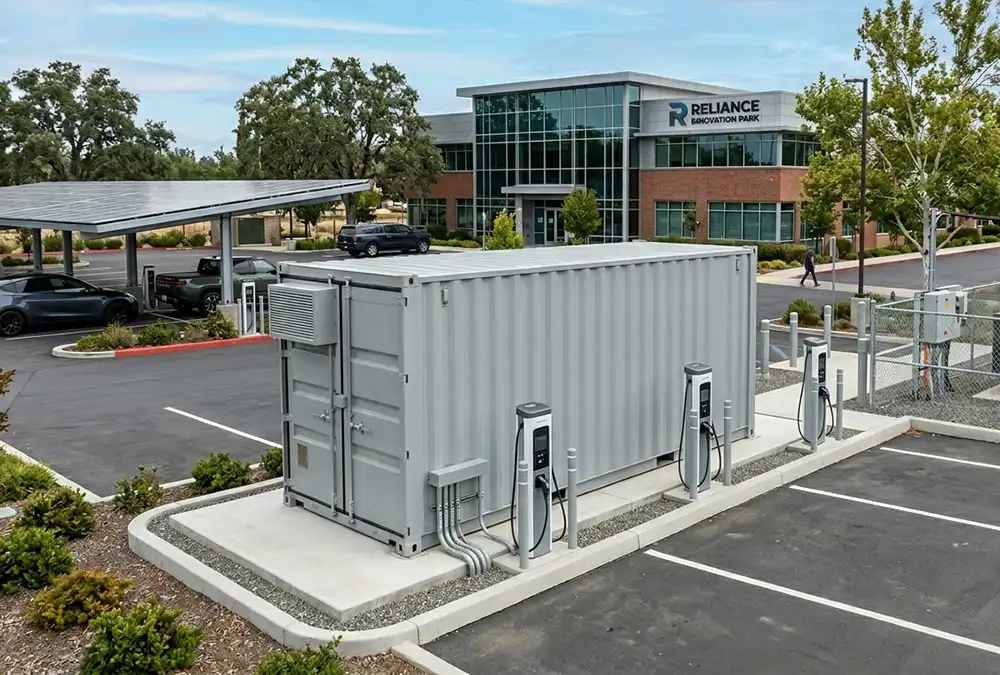 A turnkey 1MW battery storage system for EV charging stations installed at a commercial distribution site to provide peak shaving.