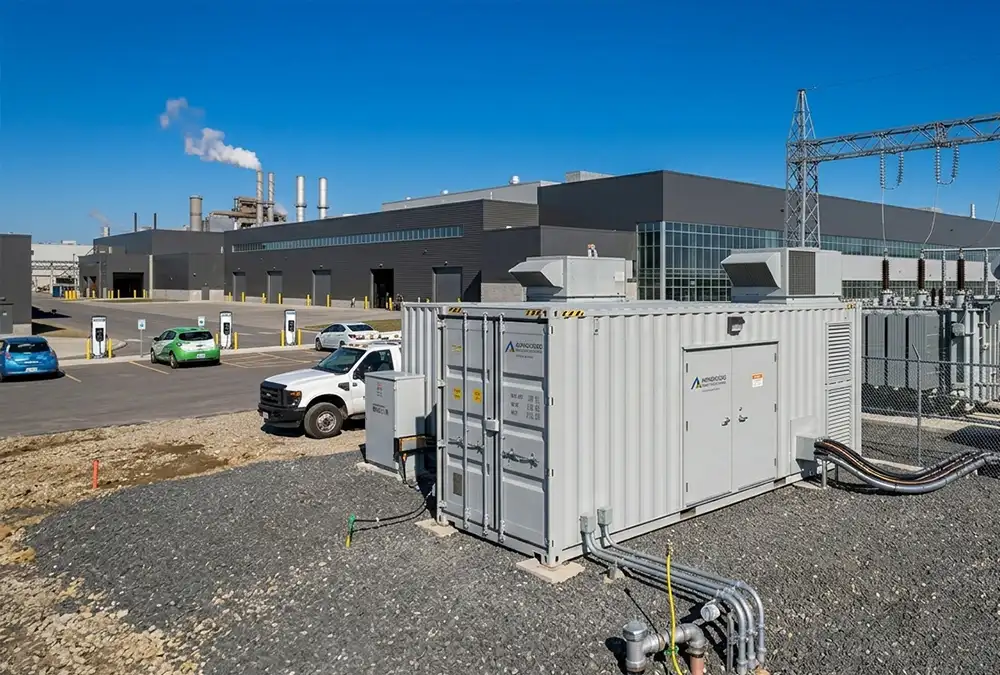 A high-capacity 1MW battery storage system for manufacturing plants installed on a concrete foundation next to a factory substation.