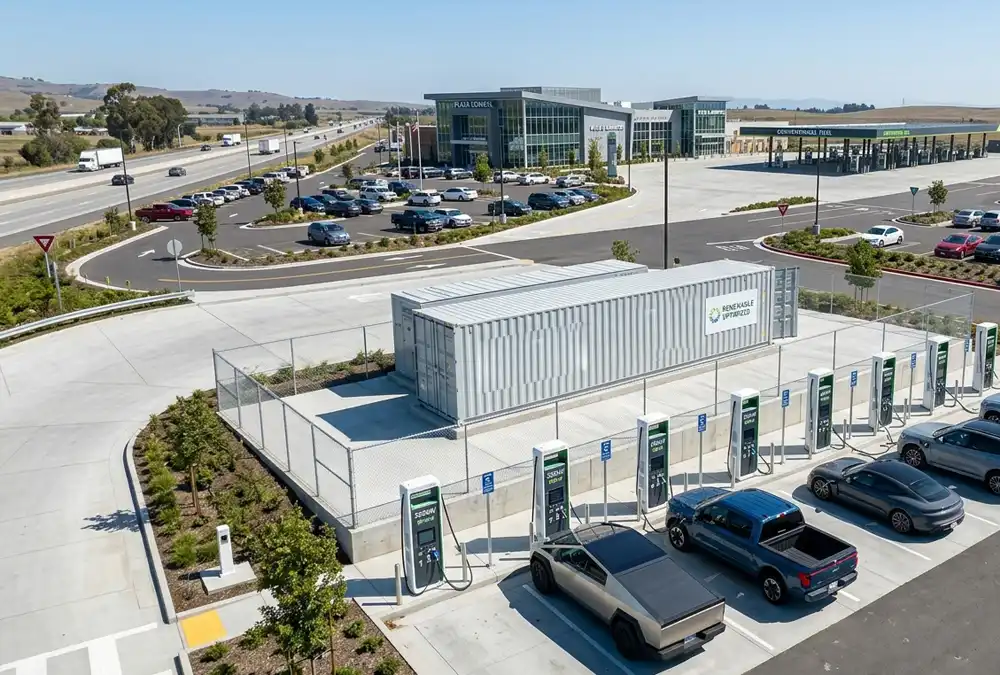 A megawatt-scale 2MW battery energy storage system for fast charging heavy duty fleets at a highway corridor plaza.