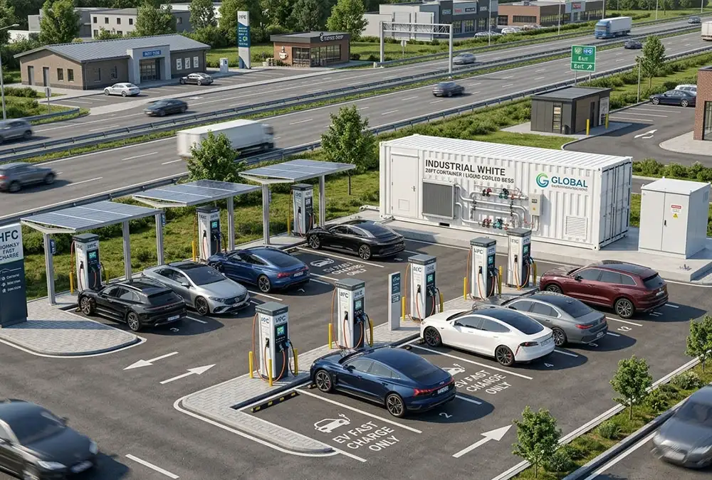 A heavy-duty 2MW battery storage system for EV charging stations to support high-power DC fast chargers and avoid grid upgrades.