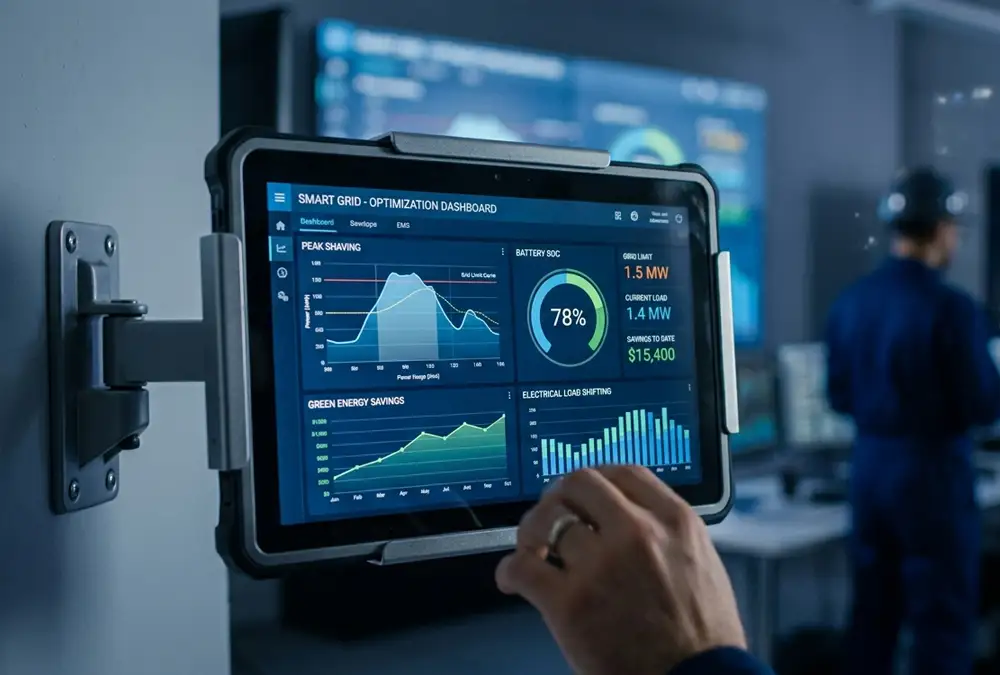 An active Energy Management System EMS interface monitoring peak shaving and load shifting data.