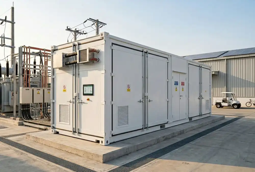 Anengji high density liquid cooled BESS supporting turnkey solar and battery storage solutions for factory peak shaving.