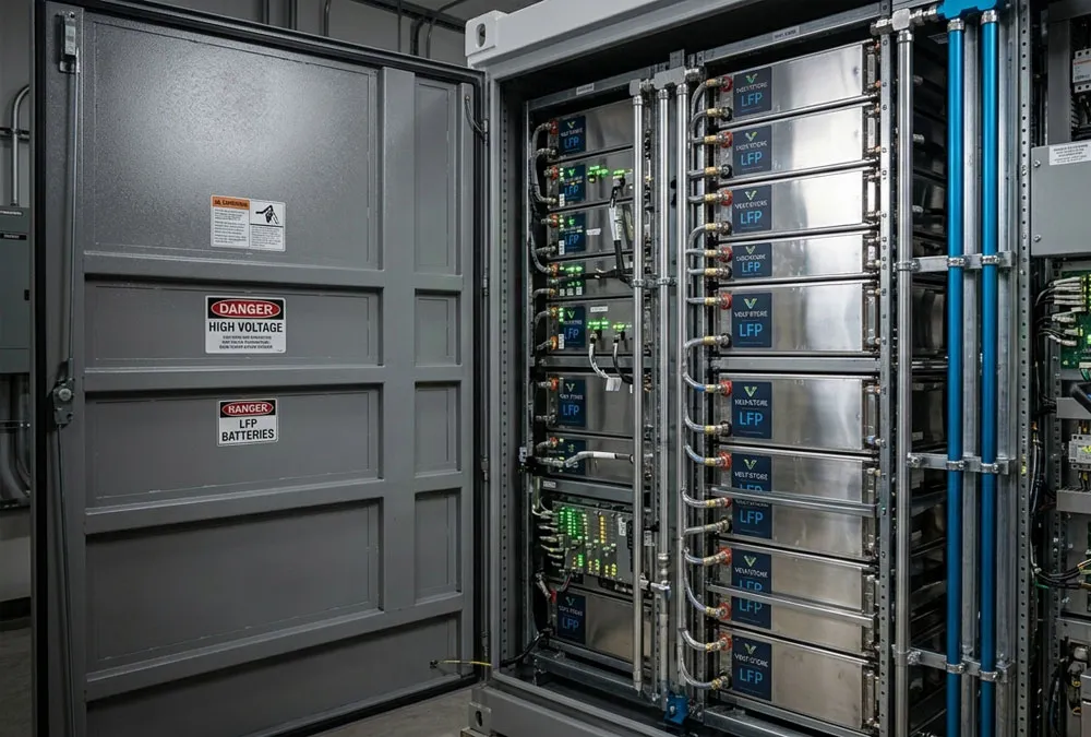 Inside an all-in-one behind the meter energy storage cabinet showcasing integrated Lithium Iron Phosphate LFP cells and cooling loops.