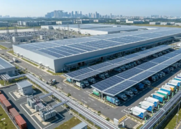 Premium C&I solar installations on a logistics warehouse rooftop featuring a solar carport for electric fleets.