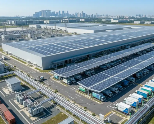 Premium C&I solar installations on a logistics warehouse rooftop featuring a solar carport for electric fleets.