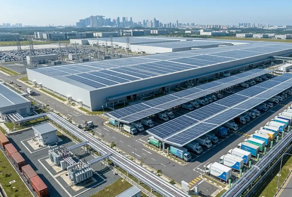Premium C&I solar installations on a logistics warehouse rooftop featuring a solar carport for electric fleets.