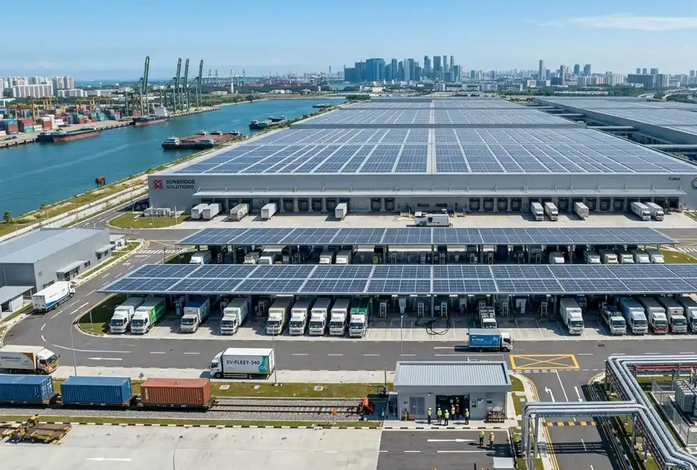 Premium commercial and industrial solar installations on a logistics warehouse rooftop featuring a solar carport.