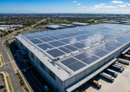 A massive industrial warehouse rooftop utilizing turnkey solar EPC services with hundreds of premium solar panels installed.
