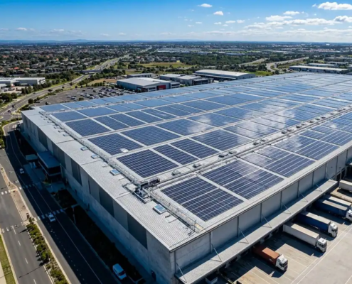 A massive industrial warehouse rooftop utilizing turnkey solar EPC services with hundreds of premium solar panels installed.