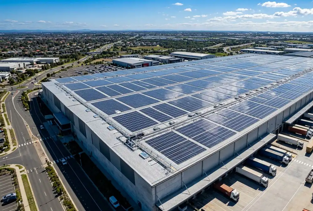 A massive industrial warehouse rooftop utilizing turnkey solar EPC services with hundreds of premium solar panels installed.