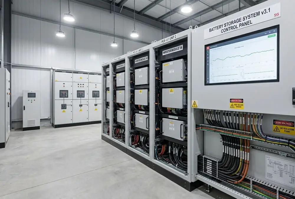 Commercial solar backup power system inverters and PCS installed inside a clean industrial electrical room.
