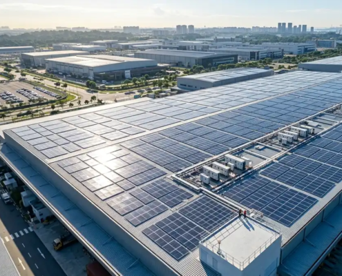 A large-scale industrial factory roof displaying efficient engineering design by a commercial solar EPC company.
