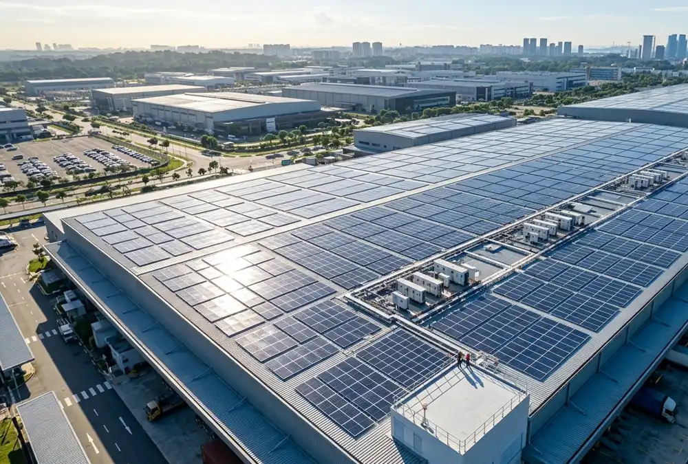 A large-scale industrial factory roof displaying efficient engineering design by a commercial solar EPC company.
