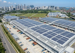 Scalable commercial turnkey solar solutions for businesses operating on a modern logistics center rooftop.