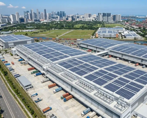 Scalable commercial turnkey solar solutions for businesses operating on a modern logistics center rooftop.
