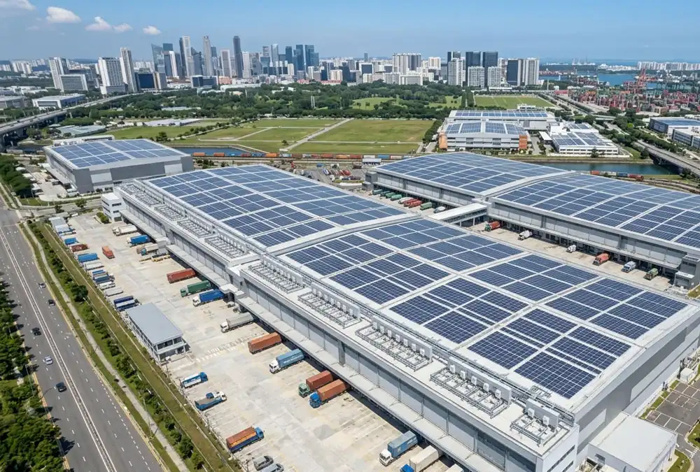 Scalable commercial turnkey solar solutions for businesses operating on a modern logistics center rooftop.