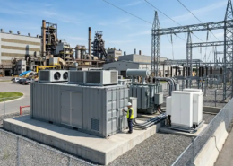 Turnkey containerized 1MW battery storage solutions installed on a concrete foundation at a commercial industrial facility for facility peak shaving.