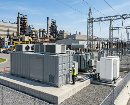 Turnkey containerized 1MW battery storage solutions installed on a concrete foundation at a commercial industrial facility for facility peak shaving.