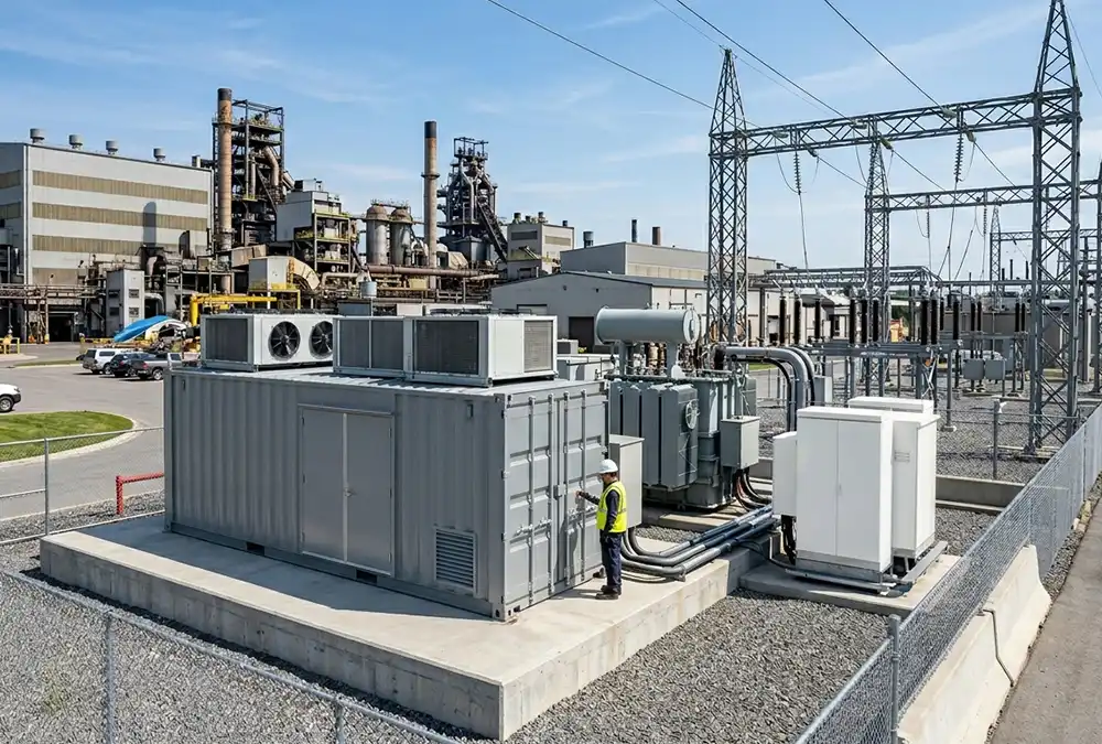 Turnkey containerized 1MW battery storage solutions installed on a concrete foundation at a commercial industrial facility for facility peak shaving.