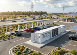 An industrial battery energy storage system for EV charging stations installed next to high-power DC fast dispensers.