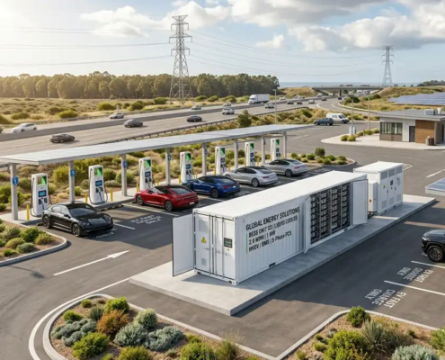 An industrial battery energy storage system for EV charging stations installed next to high-power DC fast dispensers.