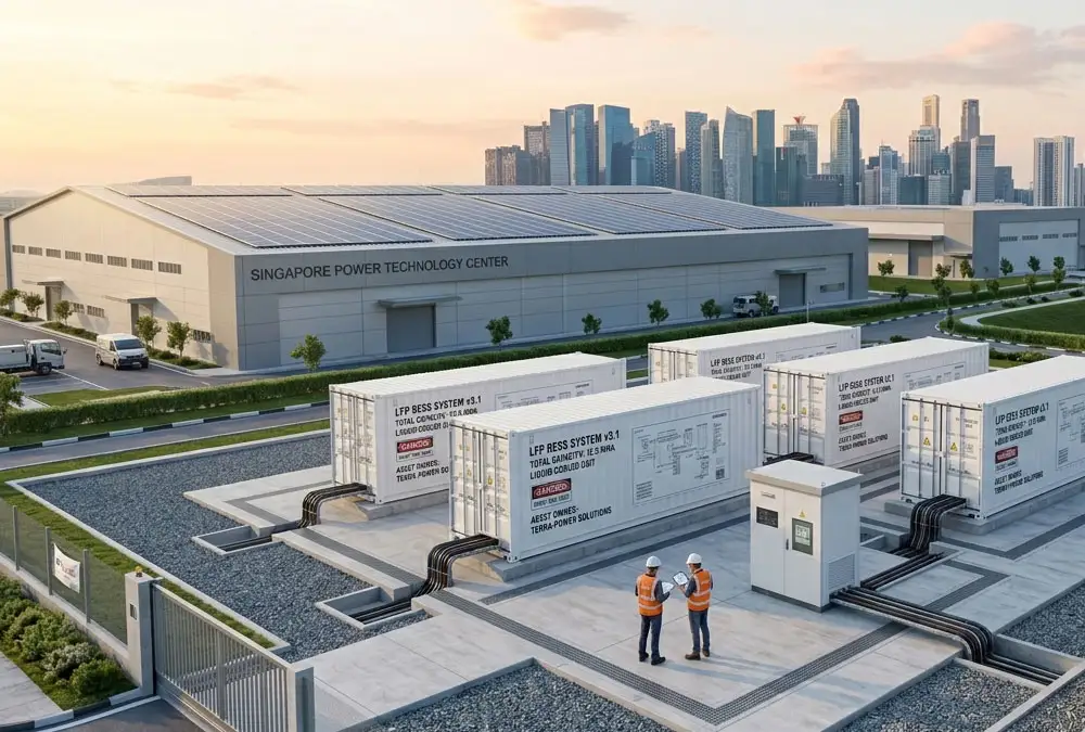 High-capacity industrial battery energy storage system BESS containers deployed on a concrete pad.