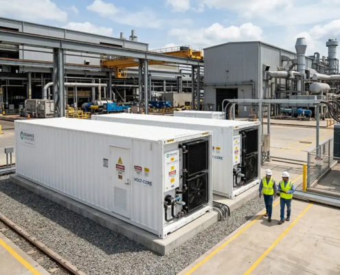 High-capacity industrial bess containerized system installed next to a manufacturing plant for energy cost reduction.