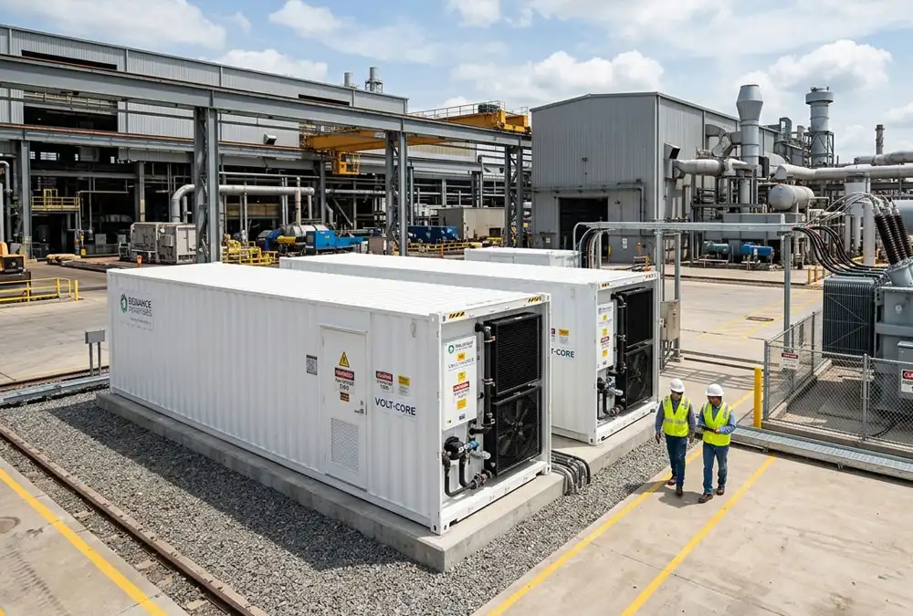 High-capacity industrial bess containerized system installed next to a manufacturing plant for energy cost reduction.