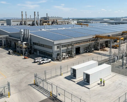 Deploying high-capacity industrial solar battery storage systems in containerized configurations next to a manufacturing facility.