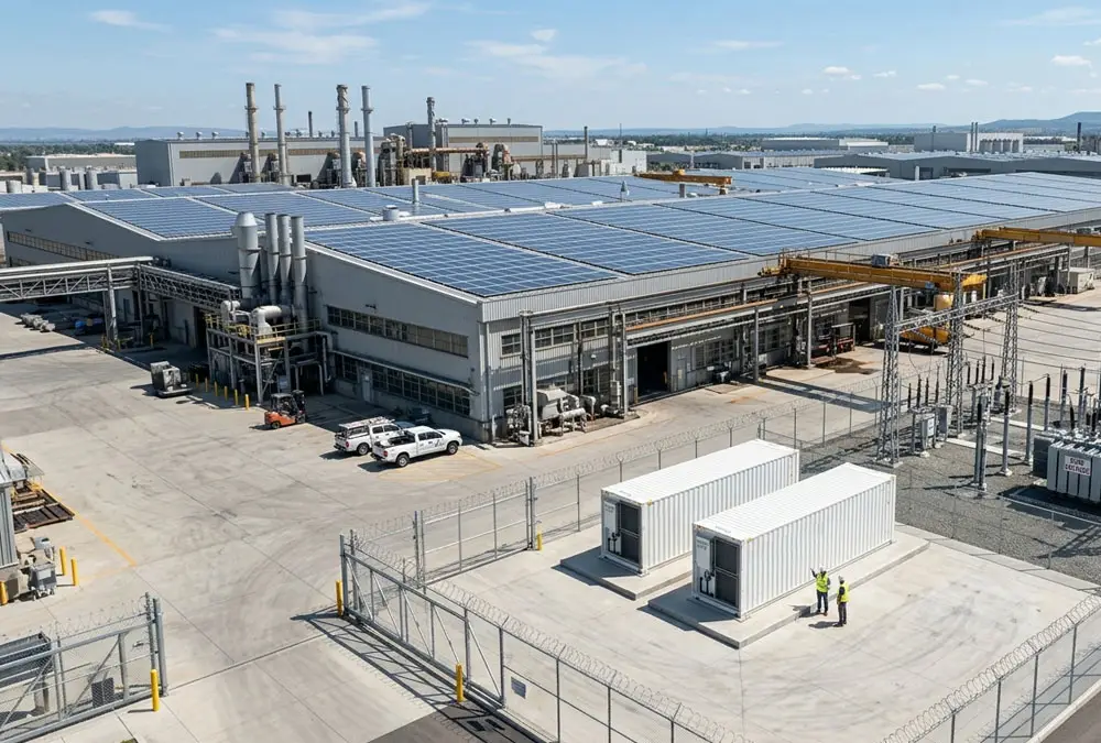 Deploying high-capacity industrial solar battery storage systems in containerized configurations next to a manufacturing facility.