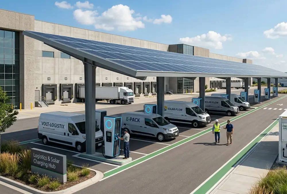 Integrated industrial solar plus storage solutions powering a high-speed EV charging infrastructure at a corporate logistics park.