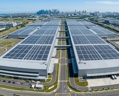 High-capacity industrial solar systems installed on a large manufacturing facility roof to reduce production overhead costs.