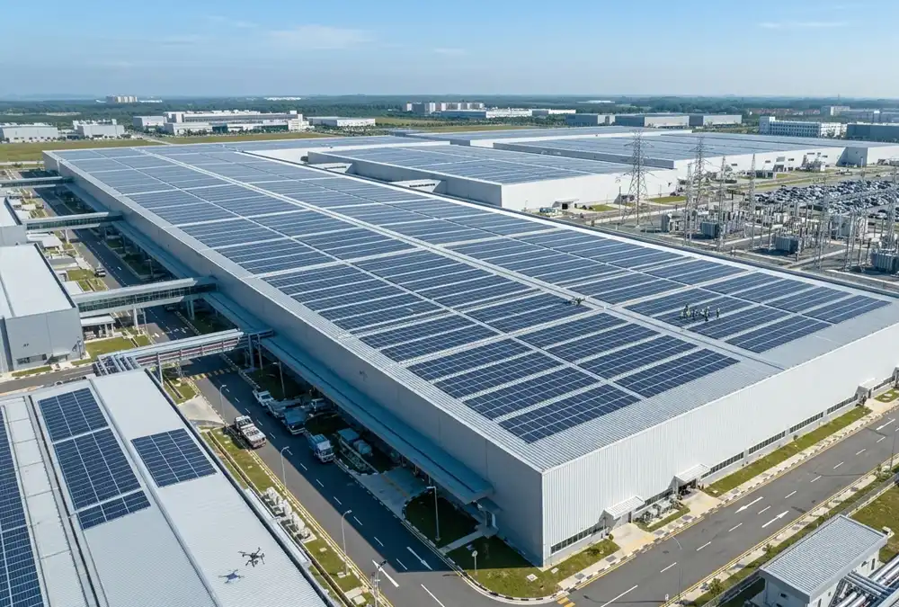 High-capacity industrial solar systems installed on a manufacturing facility roof to lower production overhead costs.