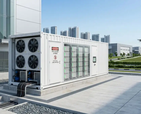 Modular LFP solar battery storage systems for commercial buildings showing localized energy control.