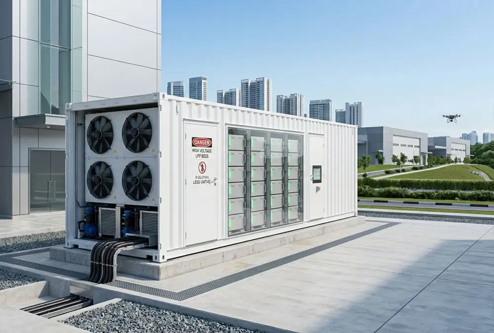 Modular LFP solar battery storage systems for commercial buildings showing localized energy control.