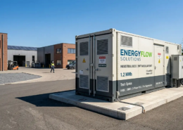 A turnkey 1MW commercial battery storage system container deployed at a manufacturing facility for peak shaving and cost reduction.
