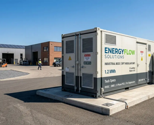 A turnkey 1MW commercial battery storage system container deployed at a manufacturing facility for peak shaving and cost reduction.