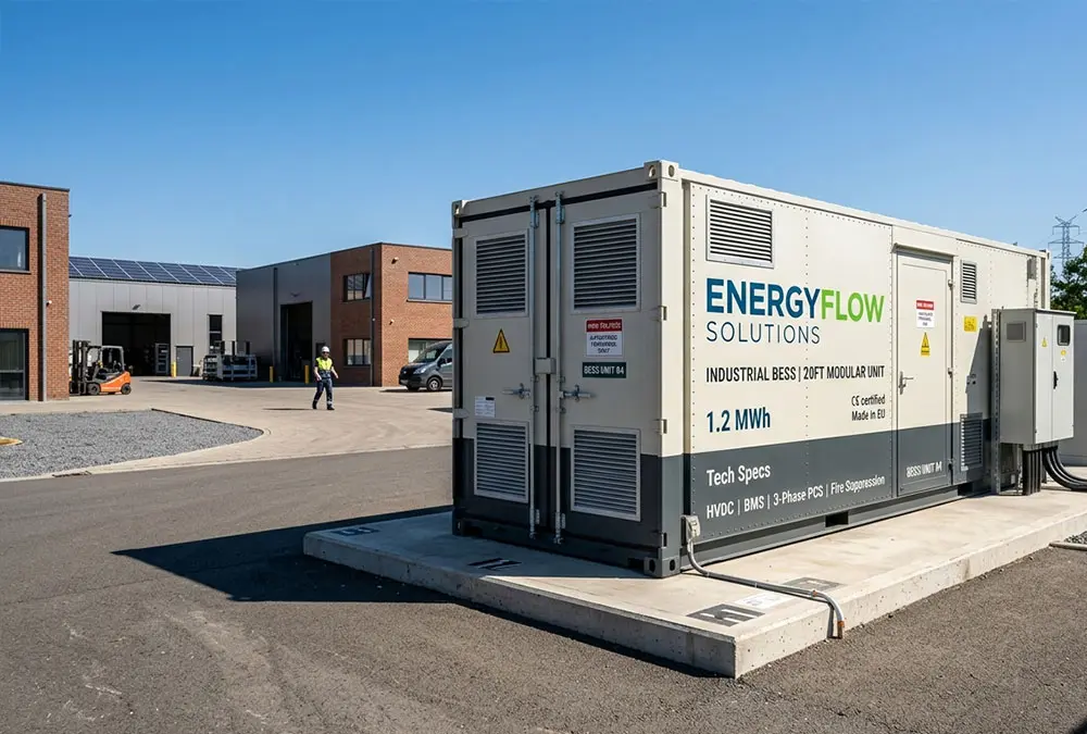 A turnkey 1MW commercial battery storage system container deployed at a manufacturing facility for peak shaving and cost reduction.