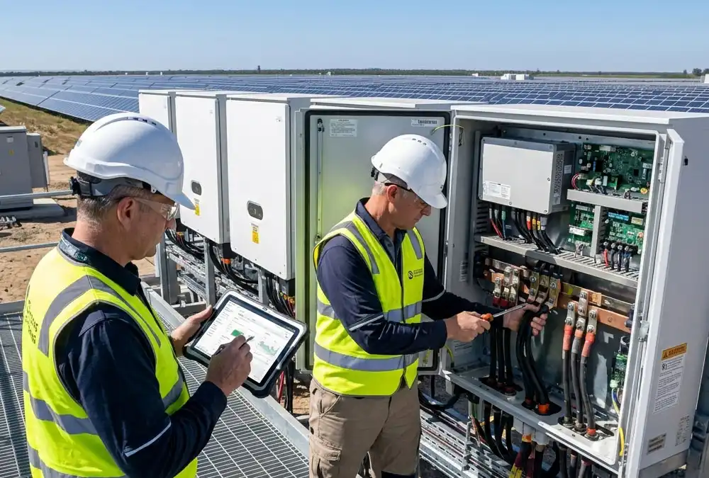 Two electrical engineers from a professional solar EPC contractor performing system ROI and compliance testing.