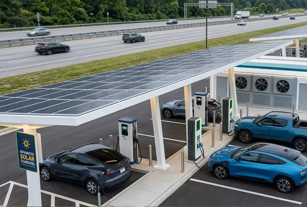 A solar plus battery storage for EV charging stations hub utilizing renewable energy and an integrated lithium battery storage system.