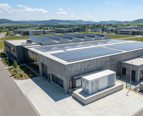 A complete turnkey battery energy storage system for sale installed next to a modern manufacturing facility.