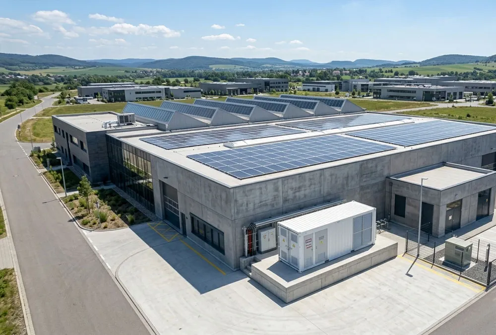 A complete turnkey battery energy storage system for sale installed next to a modern manufacturing facility.