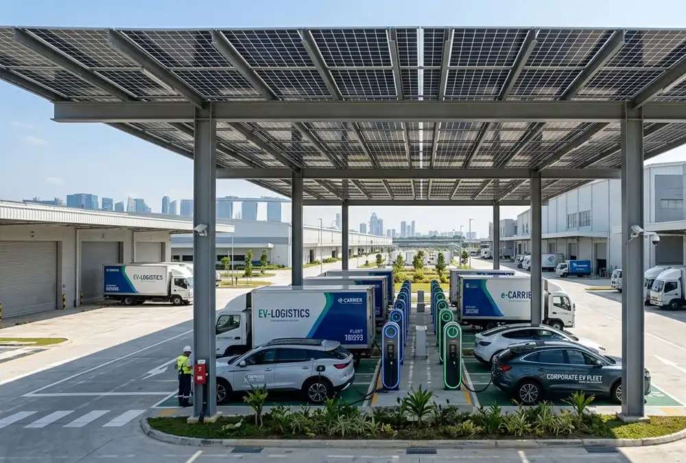A completed commercial turnkey project service showing a solar-powered EV charging infrastructure for logistics fleets.