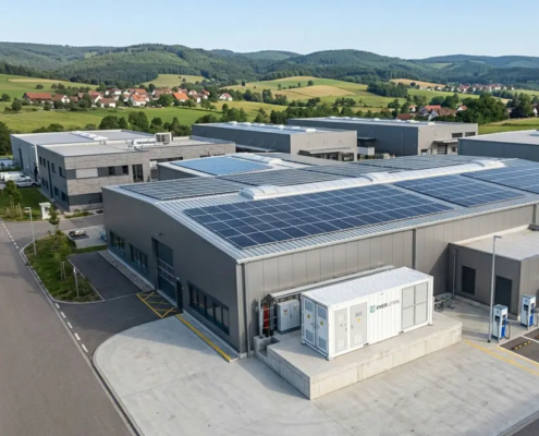 A complete turnkey commercial solar plus storage system cost investment featuring rooftop PV arrays and containerized LFP battery packs in Europe.