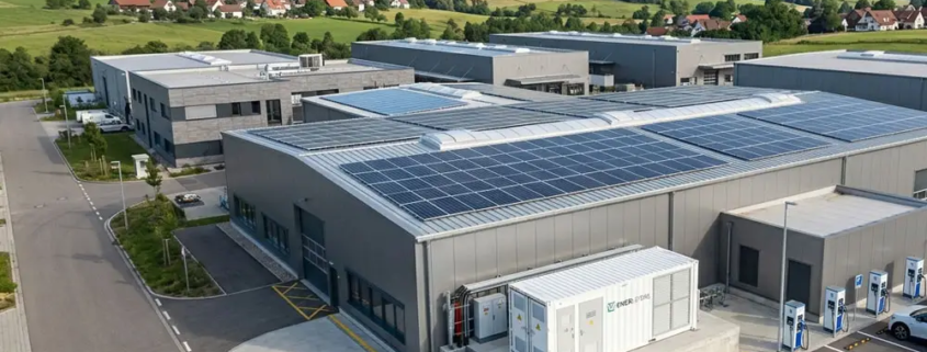 A complete turnkey commercial solar plus storage system cost investment featuring rooftop PV arrays and containerized LFP battery packs in Europe.