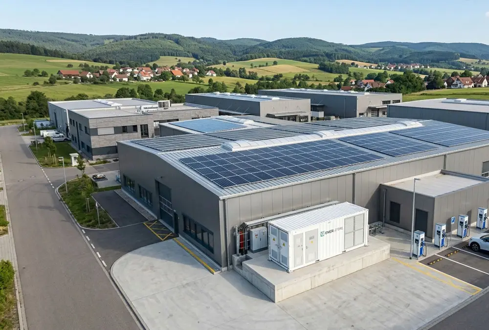 A complete turnkey commercial solar plus storage system cost investment featuring rooftop PV arrays and containerized LFP battery packs in Europe.